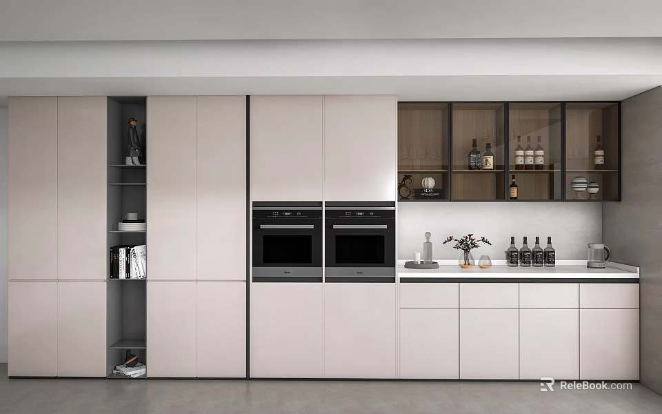 Modern Kitchen Interior With White Cabinets Black Ovens And Glass Door Storage 3d model 
