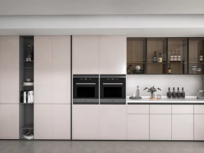 Modern Kitchen Interior With White Cabinets Black Ovens And Glass Door Storage 3d model