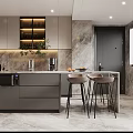 Modern Gray Kitchen Interior With Island Counter Bar Stools Marble Wall And Cabinets