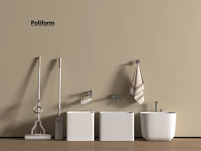 Poliform Bathroom Accessories With Beige Wall Mop Toilet Brush White Sinks And Towel Rail 3d model