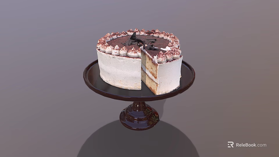 Delicious Layered Cream Cake With Chocolate Topping Sliced On Brown Stand 3d model 
