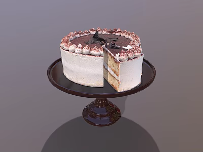 Delicious Layered Cream Cake With Chocolate Topping Sliced On Brown Stand 3d model
