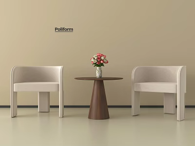 Beige Upholstered Accent Chairs with Round Side Table and Flower Vase in Lounge Area 3d model