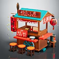 Happy Little House Snack Stall Featuring Big Pancake Red Lanterns Fu Characters And Orange Stools