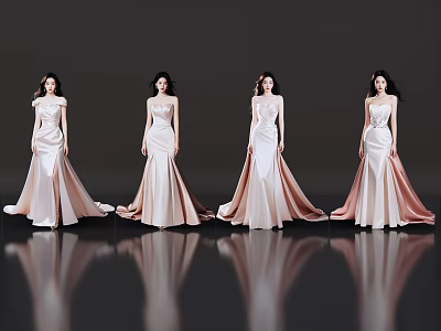 Women Standing In Elegant Satin Mermaid Dresses On Dark Reflective Floor 3d model