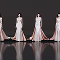 Women Standing In Elegant Satin Mermaid Dresses On Dark Reflective Floor