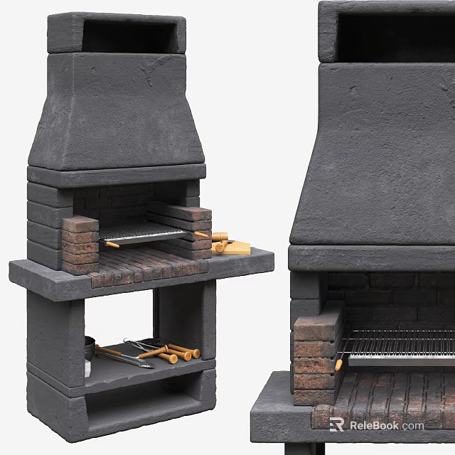 Rustic Stone Brick Fireplace Featuring Chimney Structure Grill And Lower Tool Shelf 3d model 
