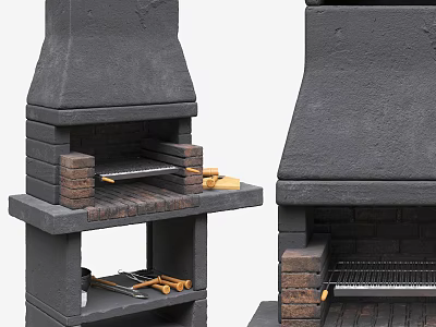 Rustic Stone Brick Fireplace Featuring Chimney Structure Grill And Lower Tool Shelf 3d model