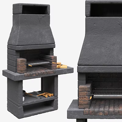 Rustic Stone Brick Fireplace Featuring Chimney Structure Grill And Lower Tool Shelf 3d model