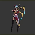Mythical Female Character in Ornate Red Gold Costume with Winged Headdress and Blue Accents Standing