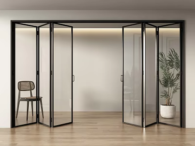 Modern Glass Folding Doors in Bright Space with Wooden Floor and Green Potted Plant 3d model