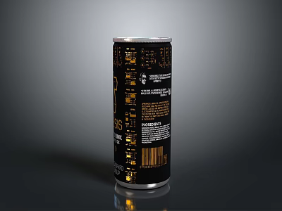 Black Beverage Can With Golden Patterns Barcode And Nutritional Information 3d model