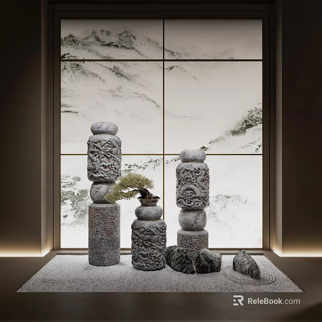 Traditional Stone Sculpture Carved Columns With Intricate Patterns Bonsai Plant And Decorative Stones 3d model 
