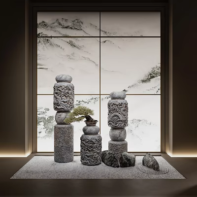 Traditional Stone Sculpture Carved Columns With Intricate Patterns Bonsai Plant And Decorative Stones 3d model