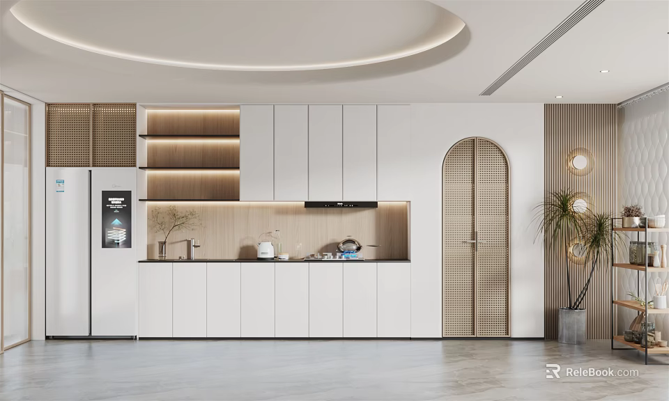 Modern Kitchen Interior Design With White Cabinets Wooden Countertop And Arched Door 3d model 