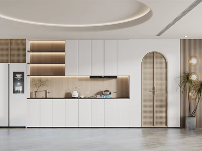 Modern Kitchen Interior Design With White Cabinets Wooden Countertop And Arched Door 3d model