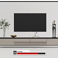 Modern TV Stand with Flat Screen TV Green Plant Vase Fruit Bowl and Sculpture Decor