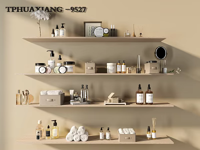 Perfume and Cosmetics Display on Wooden Shelves with Bottles Jars Towels and Small Boxes 3d model