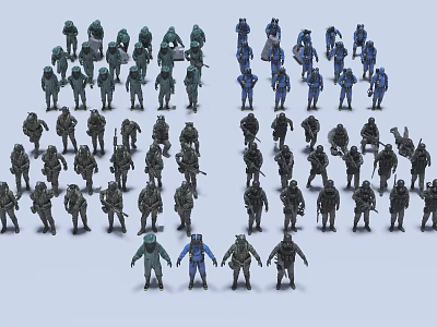 Diverse Action Figure Characters in Green Blue Black Colors and Poses 3d model