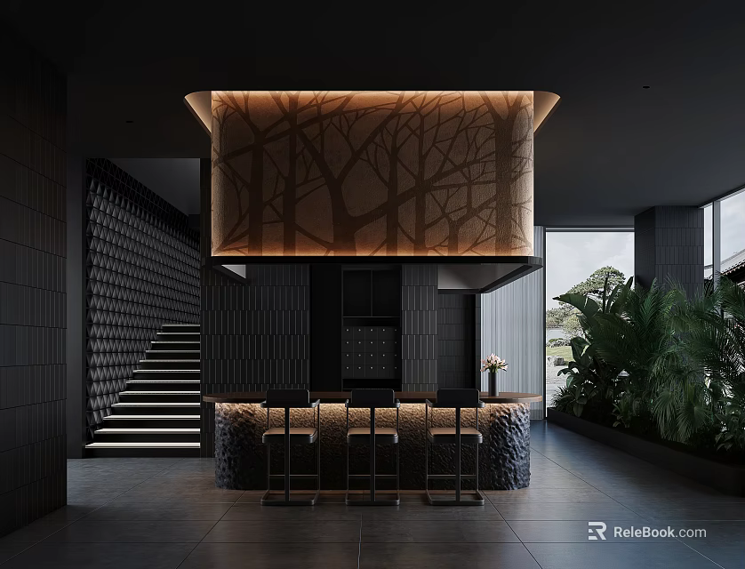Modern Clubhouse Interior With Bar Stools And Artistic Lighting 3d model 