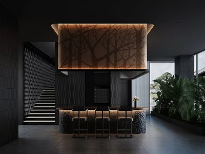 Modern Clubhouse Interior With Bar Stools And Artistic Lighting 3d model