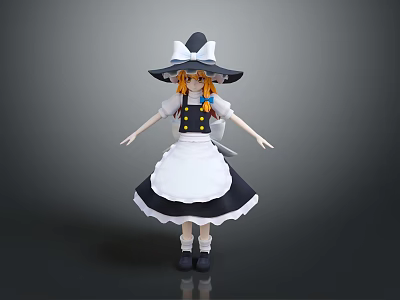 Children's Cute Doll With Orange Hair Wide Brimmed Hat And Black White Maid Outfit 3d model