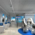 Modern Showroom With Product Displays Posters Visitor White Stands And Blue Floor