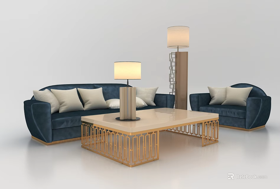 Elegant Dark Blue Sofa With Throw Pillows And Golden Frame Beige Coffee Table Set 3d model