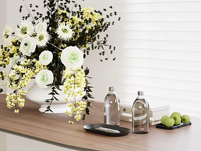 White and Yellow Flower Vase Arrangement on Wooden Tabletop with Clear Bottles and White Blinds 3d model