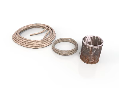 Coiled Braided Rope Small Metal Ring And Worn Bucket Daily Life Items 3d model