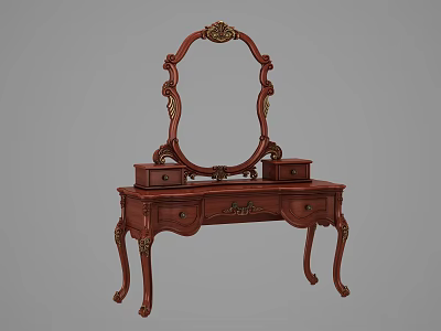 Classical Wooden Dressing Table with Ornate Mirror Drawers Carved Details and Gold Accents 3d model