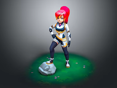 Game Character With Red Hair White And Blue Outfit Standing On Rock Green Grass 3d model
