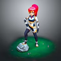 Game Character With Red Hair White And Blue Outfit Standing On Rock Green Grass