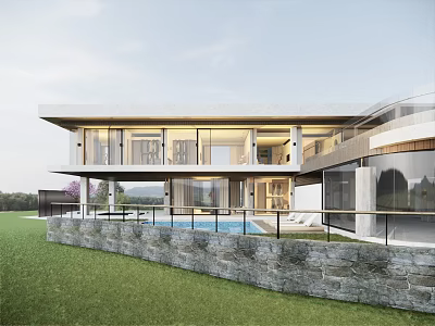 Modern Detached Villa With Large Glass Walls Swimming Pool And Green Lawn 3d model