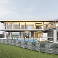 Modern Detached Villa With Large Glass Walls Swimming Pool And Green Lawn