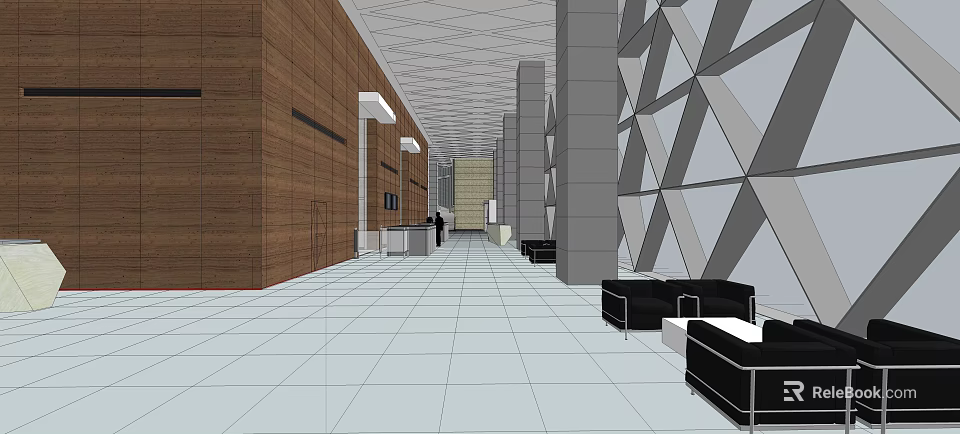 Modern Lobby Front Desk Reception With Wooden Walls Geometric Patterns And Black Sofas 3d model 