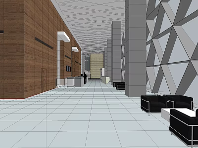 Modern Lobby Front Desk Reception With Wooden Walls Geometric Patterns And Black Sofas 3d model