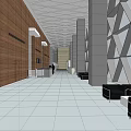Modern Lobby Front Desk Reception With Wooden Walls Geometric Patterns And Black Sofas 3d model