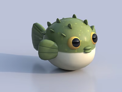 Cute Green Spiky Pufferfish Character With Big Eyes And Round Body 3d model