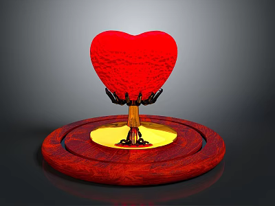 Red Human Heart Organ With Hair Like Support Structures On Wooden Base Platform 3d model