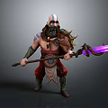 Muscular Tattooed Warrior With Mythical Beast Holding Purple Crystal Spear