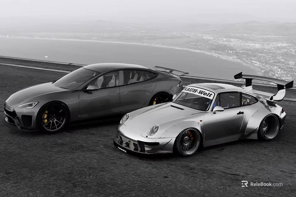 High Performance Sports Cars Parked Side by Side on Open Road With Coastal View 3d model 