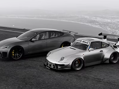 High Performance Sports Cars Parked Side by Side on Open Road With Coastal View 3d model