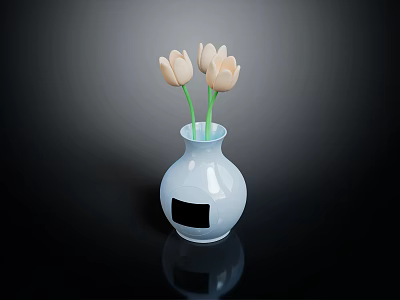Light Blue Carved Vase With Light Pink Tulips On Black Reflective Surface 3d model