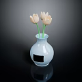 Light Blue Carved Vase With Light Pink Tulips On Black Reflective Surface
