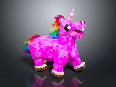 Cute Pink Pixel Art Unicorn With Rainbow Mane And Tail Design 3d model