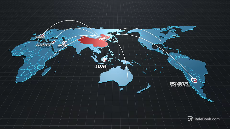 Global Network Connections On World Map Linking China Beijing Indonesia Argentina 3d model 