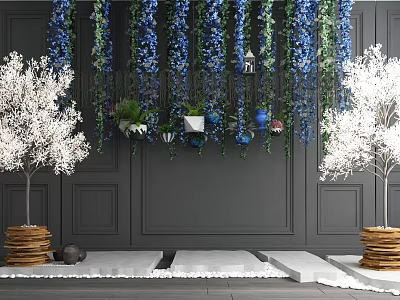 Hanging Blue Vines Decor On Gray Wall With White Trees And Flower Pots 3d model
