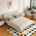 Modern Bedroom Interior With Striped Headboard Floral Wall Art White Curtains Nightstand And Geometric Rug