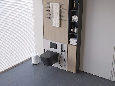 Modern Minimalist Wall-Mounted Toilet with Gray Tiled Floor Blinds Towels and Toiletries 3d model